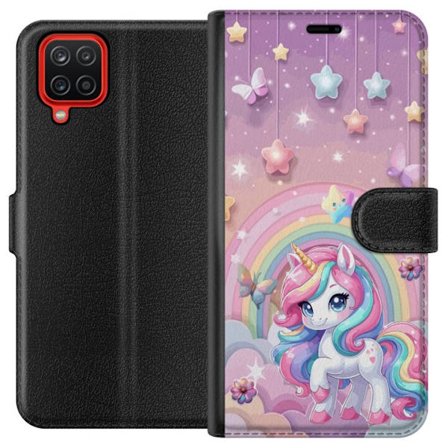 Kompatibelt Lommeboketui til Samsung Galaxy A12 Magisk enhjørning med regnbue manke, stjerner og sommerfugler mot en pastellhimmel med skyer
