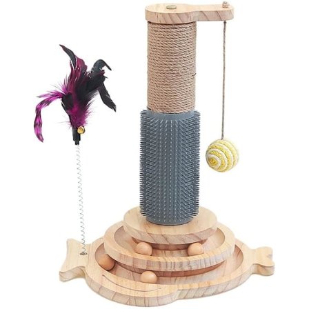 5 i 1 Kattelegetøj, Kradsestolpe til Katte med Sisalreb og Hængende Bold, Interaktivt Banelegetøj med Bold til Katte med Fjedrende Fjer