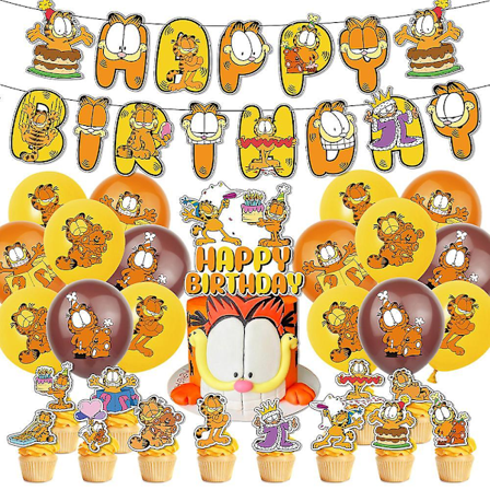 Garfield Kids Søt Tegneserie Tykk Katt Bursdagsfest Dekorasjon Sett Ballonger Banner Kakepynt Tilbehør-Perfet