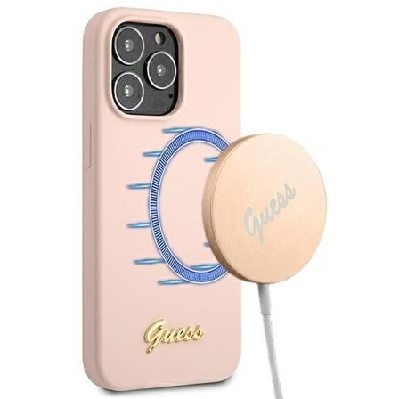 Guess iPhone 13 Pro/13 6.1" Pink Silicone Hard Case, Gold Logo, MagSafe