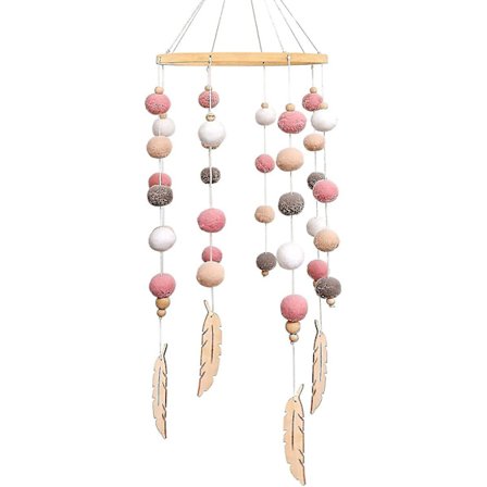 Spjälsängsmobil i bambu med vindspel och filtbollar - Sängdekoration