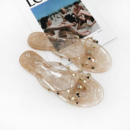 Dame Studded Jelly Flip Flops Sandaler med Sløyfe Slippers Flip Flops for Sommer ------ Transparent Gull (Størrelse 41)