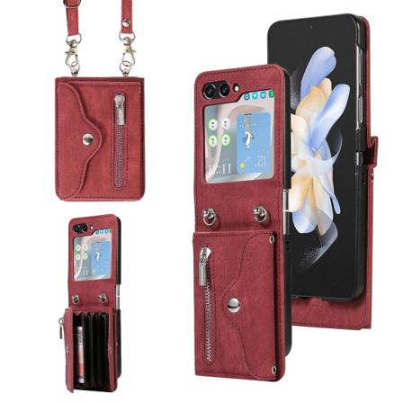 TG Etui kompatibel med Samsung Galaxy Z Flip 5, PU-cover med krydsrem og kortholder Rød