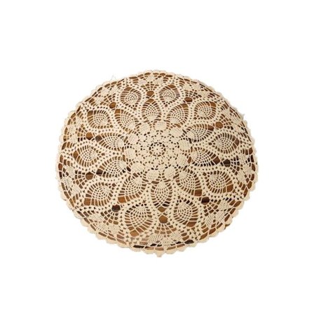 Handgjord Rund Virkad Spetsduk - 55cm Blommig Bomullsspets Liten Rund Duk - Pastoral Hålig Vävd Dekorativ Matta (Beige)