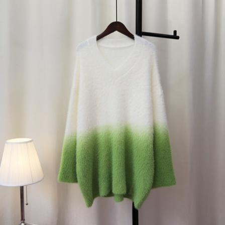 Kvinnor Stickat Höst Vinter Tröja Konstgjord Mink Päls Pullover Gradient Mjuk klibbig Lös topp Green 69*124*40cm