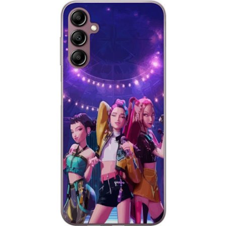 Yhteensopiva Puhelinkuori Samsung Galaxy A14 5G Animoitu pop-trio esiintymässä mikrofoneilla, valoilla ja värikkäällä konserttiympäristöllä, moderni m