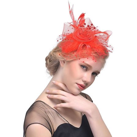 Fascinator Hat for Women Ladies Wedding Fascinators Tea Party Hat Flapper Pillbox Hat Ascot Race Hat Feather Flower(rød)
