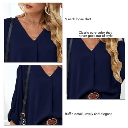 Bluse Lang Arm V-Hals Ren Farge Ruffle Rullede Mansjetter Mote Casual Topper for Kvinner Mørk Blå M