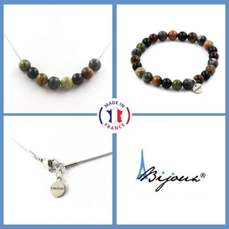 Stenar och mineraler. Labradorite + Tiger Eye + Unakite Beads Armband Halsband Set + Anpassningsbar storlek.