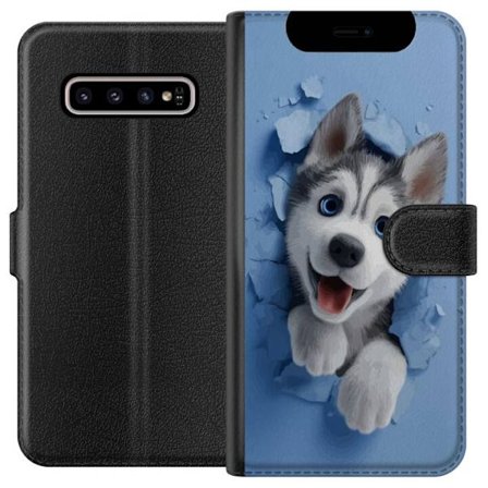 Yhteensopiva Lompakkokotelo Samsung Galaxy S10+ Söpö husky pentu, jolla on suuret siniset silmät, jotka kurkistavat rikkinäisen seinän läpi pehmeässä