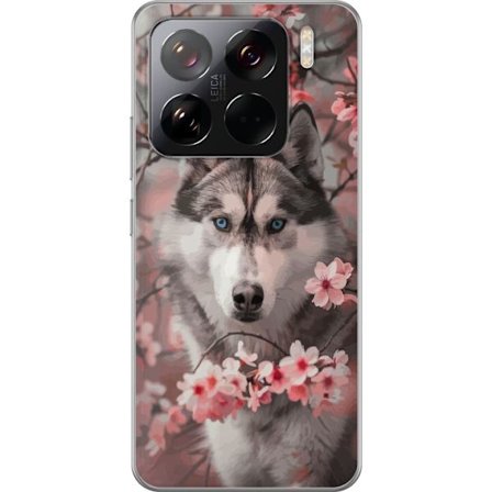 Kompatibel Mobilcover til Xiaomi 15 Pro Husky plakat hund med blå øjne, kirsebærblomster, sibirisk ulv, sødt dyr, natur design kunst