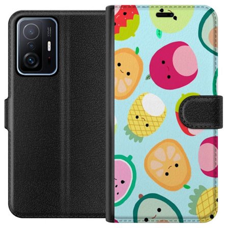 Kompatibel Tegnebogsetui til Xiaomi 11T Mønster af kawaii frugter som jordbær citron ananas og avocado på lyseblå baggrund