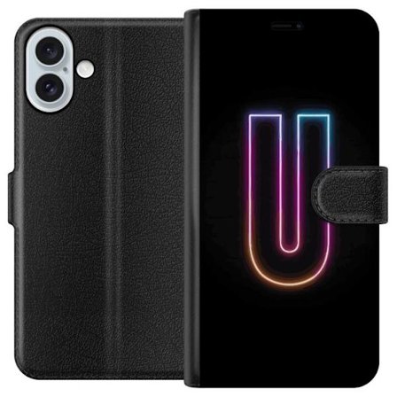 Yhteensopiva Lompakkokotelo Apple Apple iPhone 16 Plus Minimaalinen neonkirjain U kirkkaalla valaistustehosteella mustaa taustaa vasten