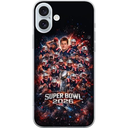 Yhteensopiva Puhelinkuori Apple iPhone 16 Plus Super Bowl 2026 juliste, jossa New England Patriots ja NFL-mestaruuspalkinto räjähtävän urheilullisessa