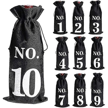 1-10 Numeroituja Juuttisäkkejä Viinipulloille Sokkotestiin, Vetoketjullinen Tasku