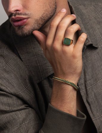 Nialaya Men's Golden Cocktail Ring With Green Jade - Gold - 70 x 70