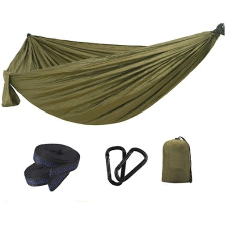 Camping Hängmatta med Hängmattsremmar och Svart Karabinhake Camping Överlevnad Resa Dubbel Person-Armégrön