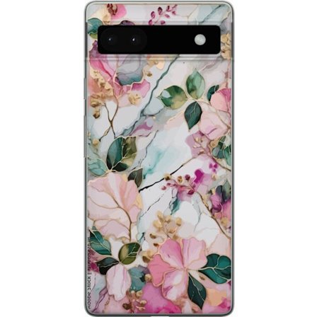 Kompatibel Mobilcover til Google Pixel 6a Abstrakt marmormønster med blomster, blade og gyldne detaljer i bløde pastelfarver