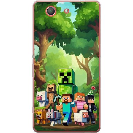 Kompatibelt Mobildeksel til Sony Xperia Z3 Compact Blokkete pikselerte spillverden med grønne figurer og dyr i frodig skogsmiljø