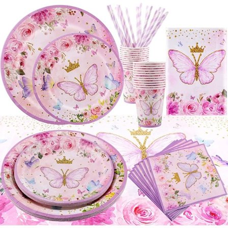 101 Delar Fjäril Kalas Servis Set, Fjärilspapperstallrikar, Papperstallrikar, Muggar, Servetter, för Födelsedag