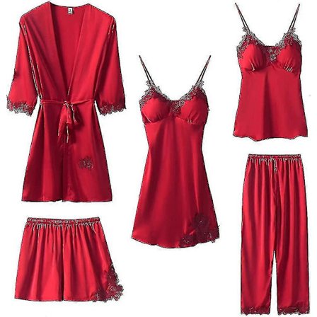Sidenpyjamas för damer, set om 5 delar, nattlinne, camishorts, pyjamasset med morgonrock och byxor