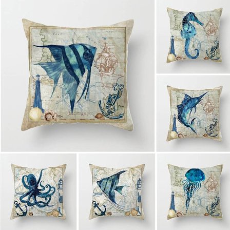 Set med 6 stycken kuddfodral 45 x 45 cm Havsdjur Mönster Kudde