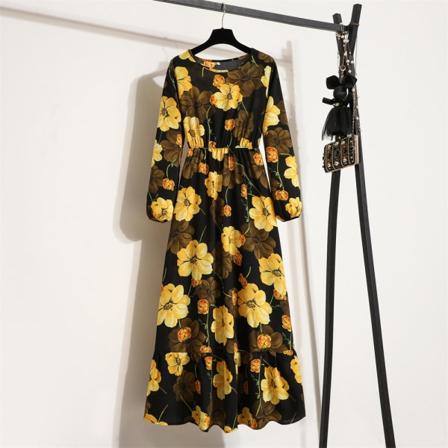 Muslimsk blommig långärmad hög midja chiffongklänning Flower color 19 S