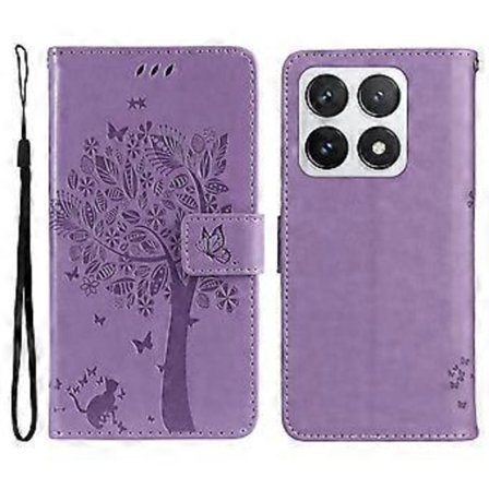 KT Imprinting Flower Series-3 Fodral till Xiaomi 14T Pro Katt Träd Mönster Flip Läder Telefonskal (Stil C)