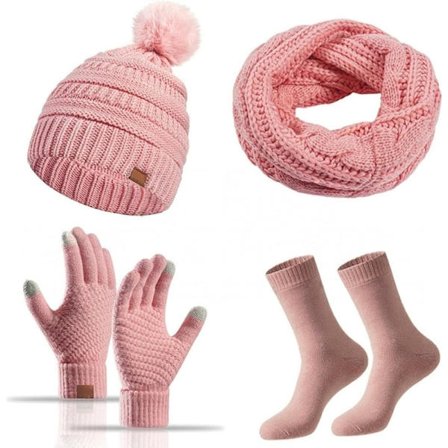 4-delt damesett med lue, skjerf, hansker og sokker, vintervarmesett for damer, varme vinterhansker med berøringsfunksjon for vinterbruk