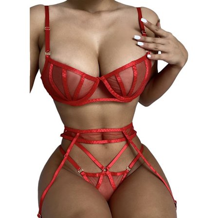 osy Seksikäs Underwire Värikäs Kawaii Sööt Läpinäkyvä Garter-vyö Alusvaatesetti Rintaliivit ja Alushousut 3 osaa Punainen Keskikoko