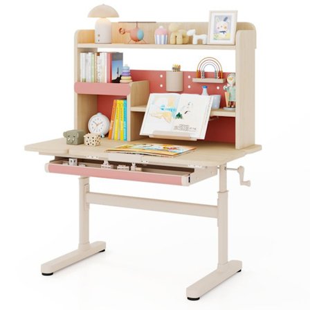 COSTWAY Børnestudiebord med Bibliotek og Skuffe - Højdejusterbart - Bogstøtte og Pennestander Rosa