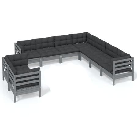 Vidaxl Loungegrupp Med Dynor 9 Delar Grå Massiv Furu Grå