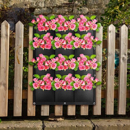 Vertikal plantepose med 12 hengende lommer for blomster, veget