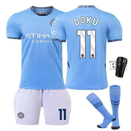 2425 Manchester City Hjemmefotballdrakt Doku Fotballdraktsett med sokker + Beskyttelsesutstyr