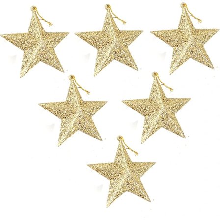 6-pakning Juletrepynt - Stjerneformede Hengende Ornamenter Gull