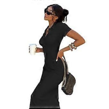 Sommarklänning för damer, kortärmad maxiklänning, V-ringad, sidoslits, ribbstickad, figurnära klänning, rygglös snörning, långklänning, presenter 