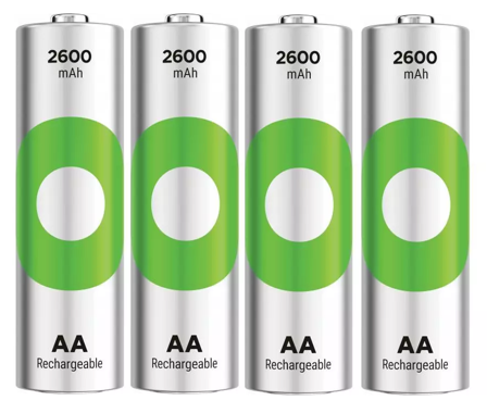 GP ReCyko Rechargeable Battery, Size AA, 2600 mAh, 4-pack