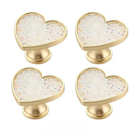 Set med 4 Guld Mässing Hjärta Form Vita Kristall Lådknappar Guld Koppar Skåp Byrå Draghandtag (Vit Kristall)