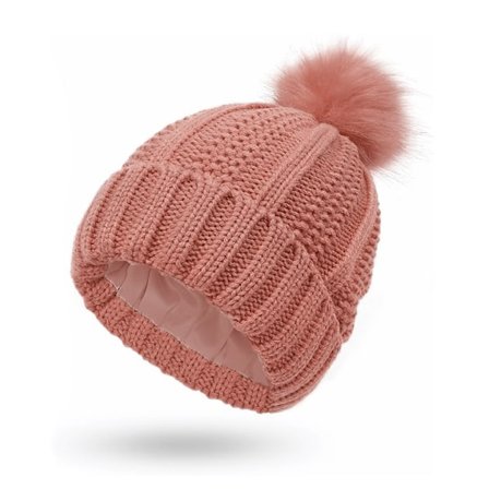 Naisten talvinen neulottu pipo, kiinteä pompom-pipo, lämmin satiinivuori, silkki-vuori-pipo, virkattu ulkoilupipo