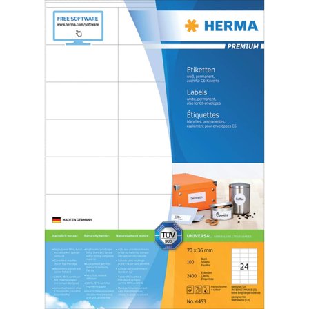 Herma Premium - Papir - matt - permanent selv-adhesiv - hvit - 70 x 36 mm 2400 etikett(er) (100 ark x 24) laminerte etiketter
