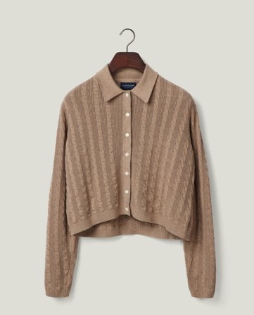 Lexington Kabelstrikket Polo Cardigan i klassisk pasform, beige melange