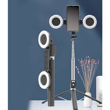 Selfie Stick, Ny 6 i 1 Bluetooth Selfie Stick med Lys, Foldbar Selfie Stick Tripod (Sort, Dobbelte Udfyldningslys)