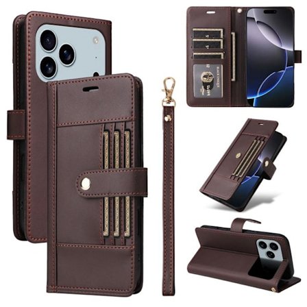 iPhone 17 Pro Max Skal läderfodral med sex kortfack och rem