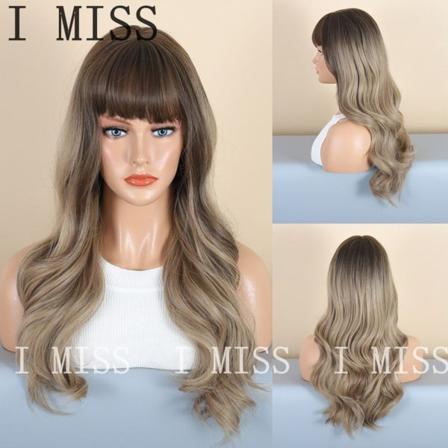 Lång lockig peruk med bruna guldgradient lugg för kvinnor