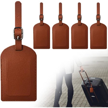 Brun 4-pak PU-læder bagagelapper med navneskilte til kuffert