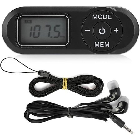 Bærbar FM-radio - utstyrt med en 1,1-tommers LCD-skjerm og ørepropp, svart.