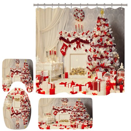 Julklapp Duschdraperi Bröllop Duschdraperi Rosa Julgran Röd Snöflinga Present Juldekoration Badrum Fyra-delad