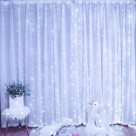 3*3m LED-gardinlys USB 8-funksjon med krok vanntett skinnledning lys White light 【Copper wire leather wire】