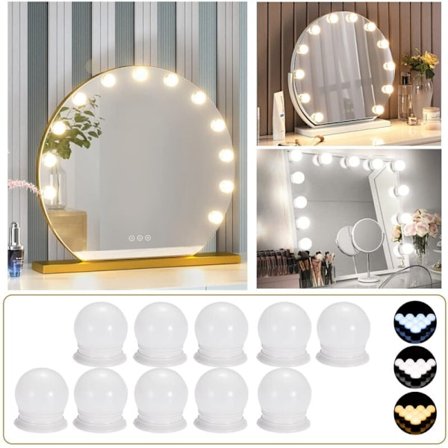 Spegelbelysning, 10 Hollywood-lampor LED-ljuskit Dimbar Badrumsbelysning 3 Ljusstyrkor (Spegel ingår ej)