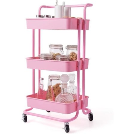 COSTWAY Förvaringsvagn med 3 Korgar och Handtag, Rostfri Metallservisvagn, Rosa Vagn med Hjul